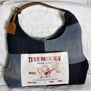 True Religion Patchwork Light Dark Denim Brown Hobo Boho Shoulder Bag Purse